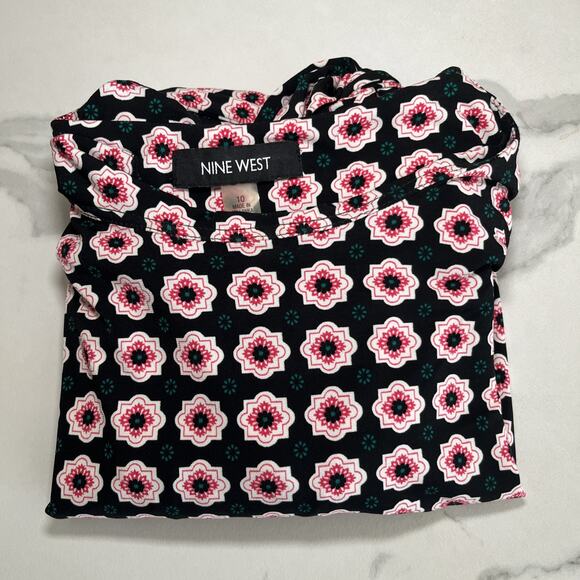 Nine West Women’s Short Sleeve Tie Waist Dress Stretch Size 10 Black Pink Floral - Picture 9 of 9